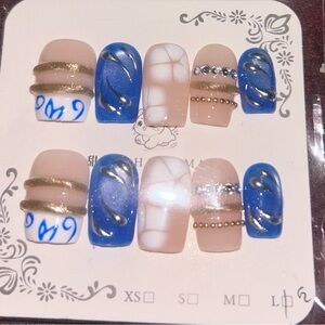 Blue and Nude Marble Press-On Nail Set sz L